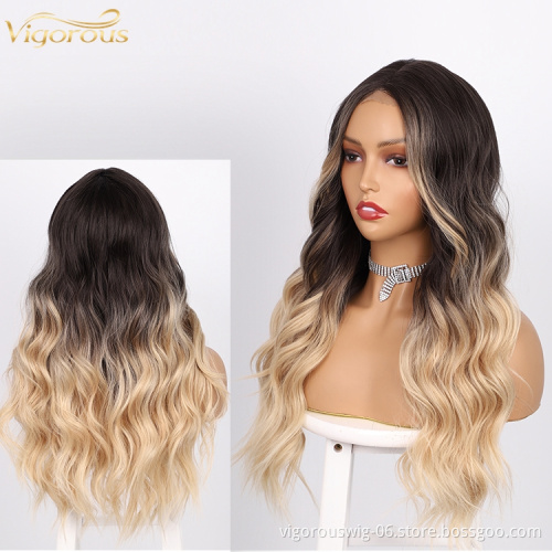 U Part Lace Front Long Wavy Highlight Ombre Blonde Premium Curly Heat Resistant High Quality Wholesale Synthetic Wig Women Use